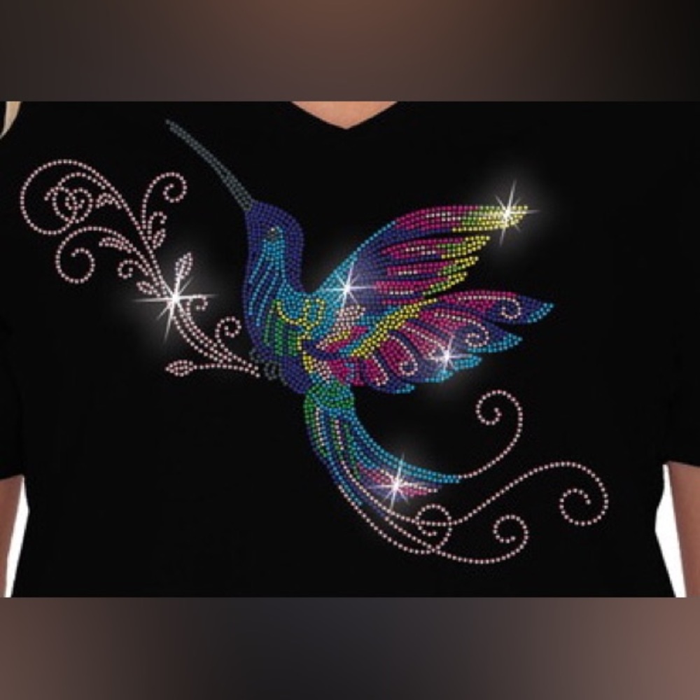 New shirt hummingbird rhinestones multicolor 3/4 sleeve black shirt